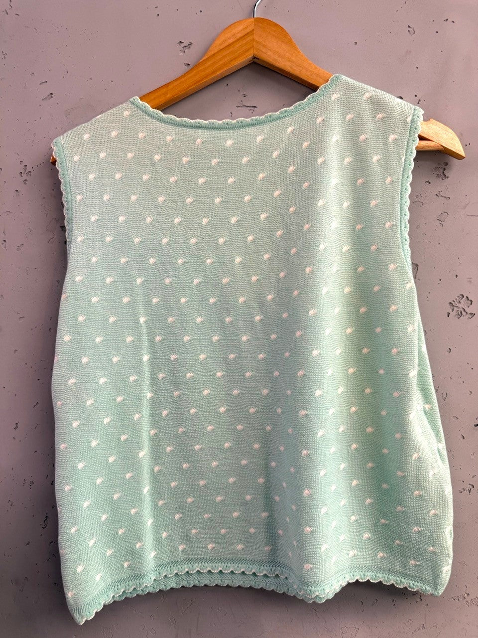 BERLIN VINTAGE CORNER mint green knit sleeveless top with white polka dots and scalloped trim