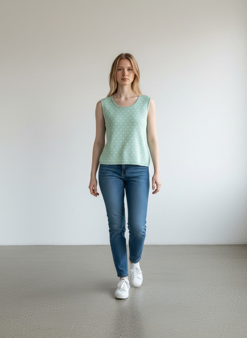 BERLIN VINTAGE CORNER mint green knit sleeveless top with white polka dots and scalloped trim.
