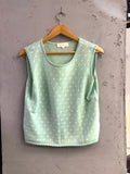 BERLIN VINTAGE CORNER mint green knit sleeveless top with white polka dots and scalloped trim