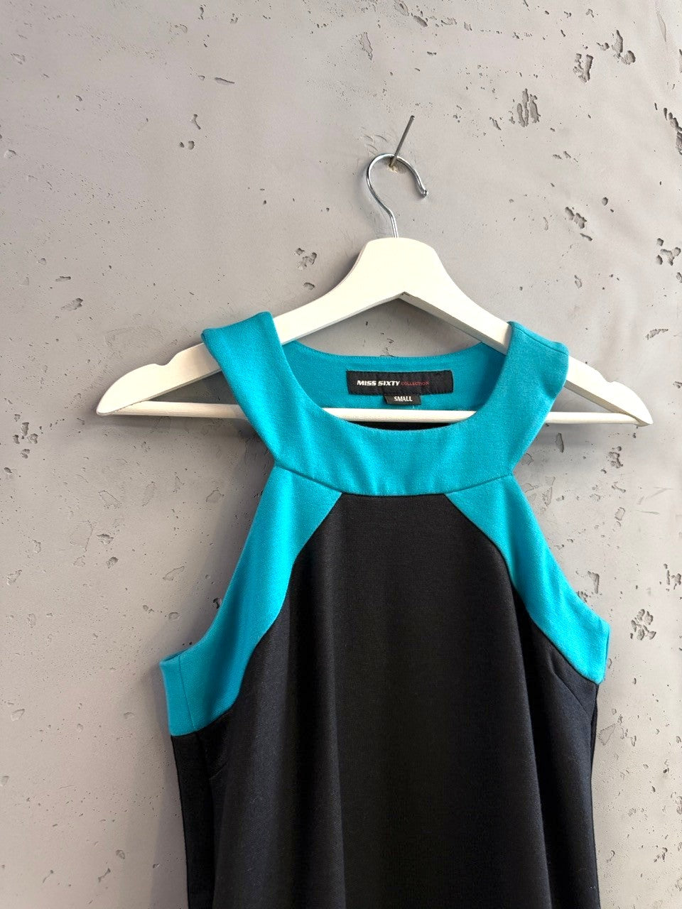 BERLIN VINTAGE CORNER Miss Sixty black mini dress with turquoise neckline and straps. Sleeveless A-line.