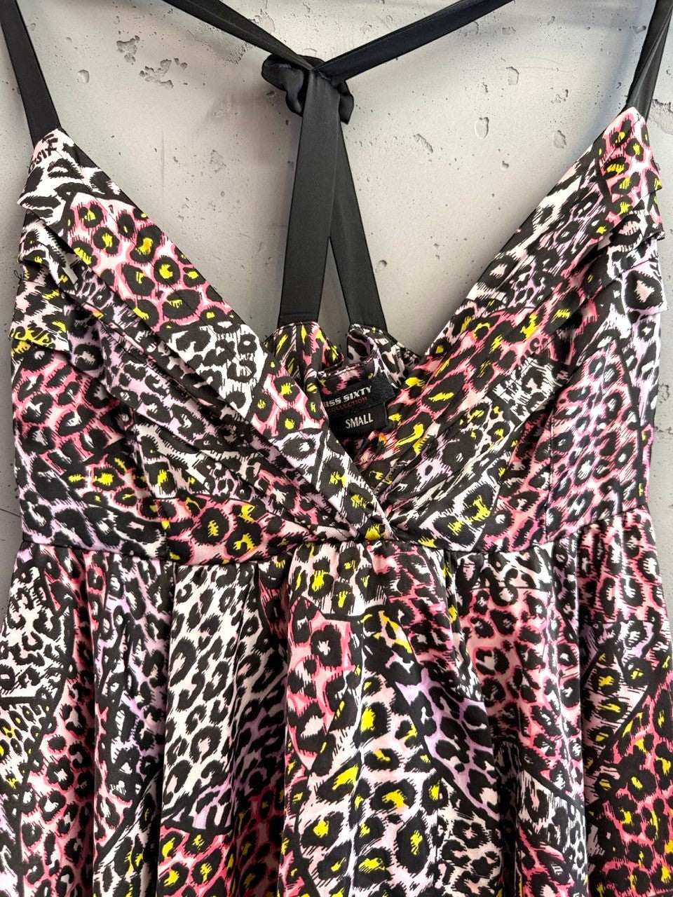 BERLIN VINTAGE CORNER Miss Sixty pink, purple, yellow leopard print tiered mini dress with spaghetti straps and gathered bust.