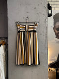 BERLIN VINTAGE CORNER Missoni strapless knit midi dress with vertical stripes in cream, mustard, purple, and black. Fit-and-flare style.