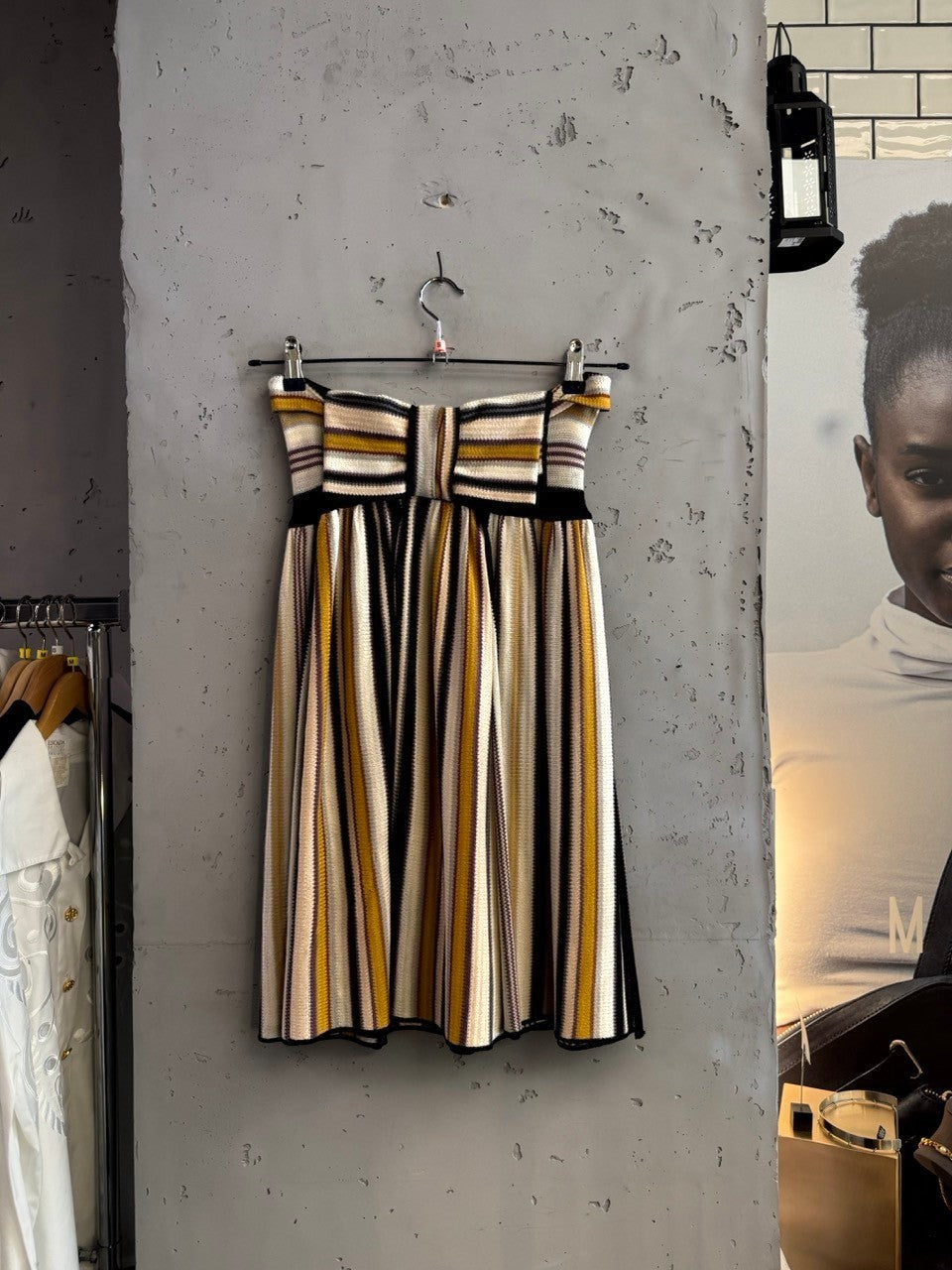 BERLIN VINTAGE CORNER Missoni strapless knit midi dress with vertical stripes in cream, mustard, purple, and black. Fit-and-flare style.