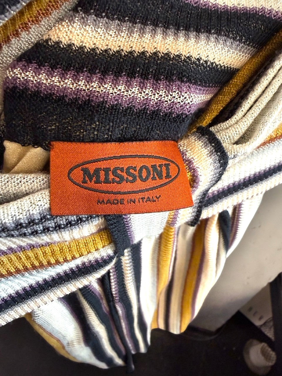 BERLIN VINTAGE CORNER Missoni strapless midi dress with multi-colored vertical stripes in cream, mustard, purple, and black knit.