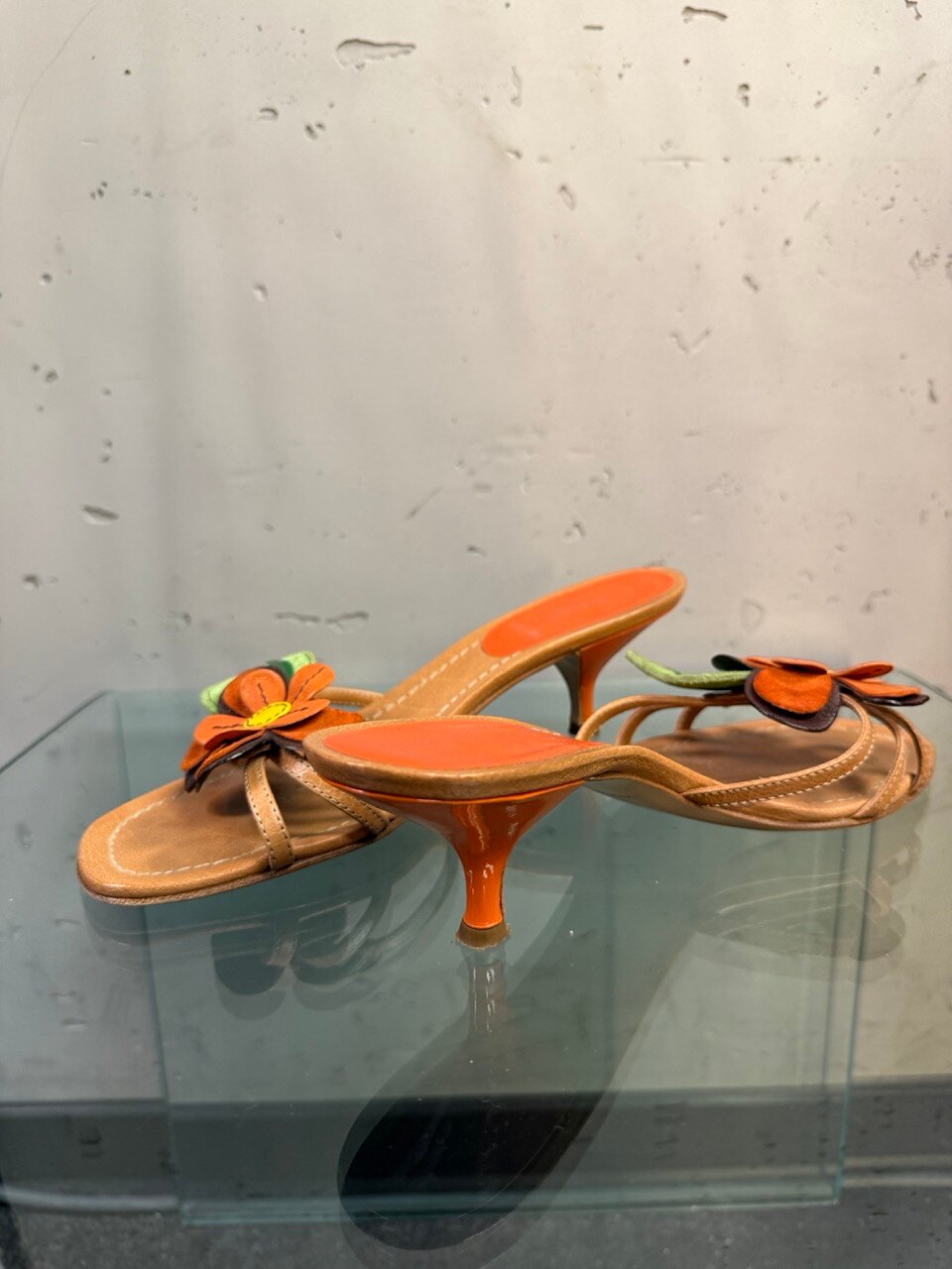 Miu Miu mule in profile, orange kitten heel