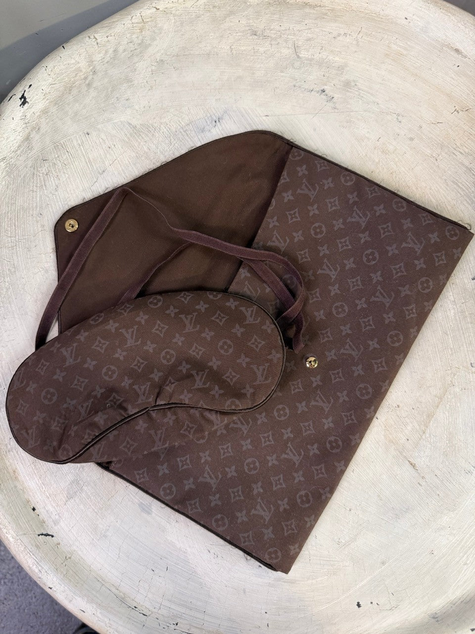 BERLIN VINTAGE CORNER chocolate brown monogrammed sleep mask and pouch set. Soft fabric, contoured mask, gold snap closure.