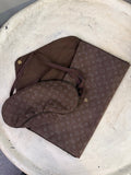 BERLIN VINTAGE CORNER chocolate brown monogrammed sleep mask and pouch set. Soft fabric, contoured mask, gold snap closure.
