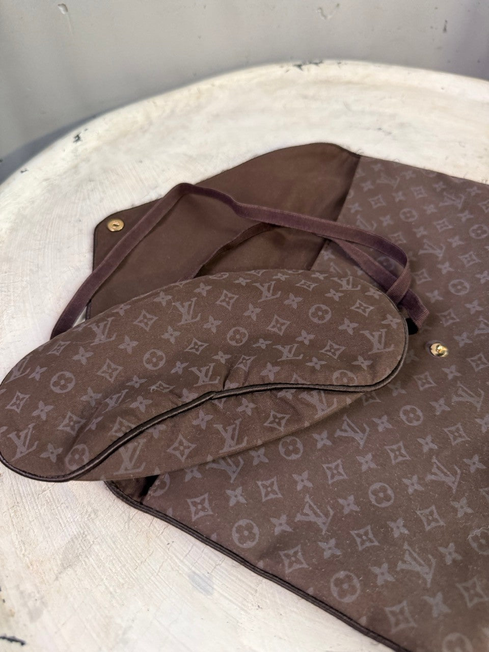 BERLIN VINTAGE CORNER chocolate brown monogrammed sleep mask and pouch set. Soft fabric, contoured mask, gold snap closure.