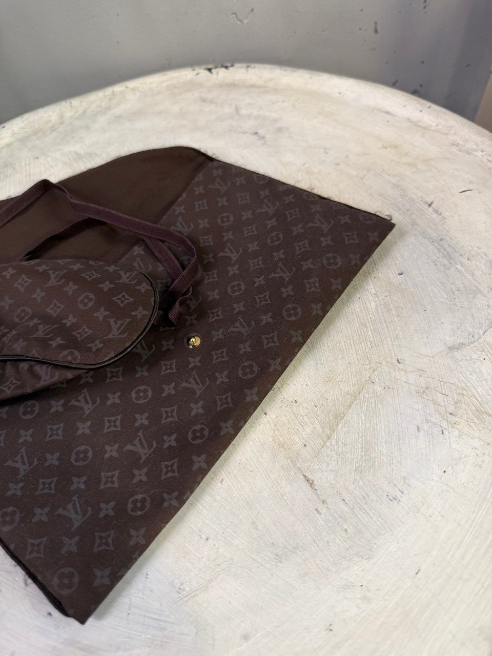 BERLIN VINTAGE CORNER chocolate brown monogrammed sleep mask and pouch set. Soft fabric, contoured mask for comfort.