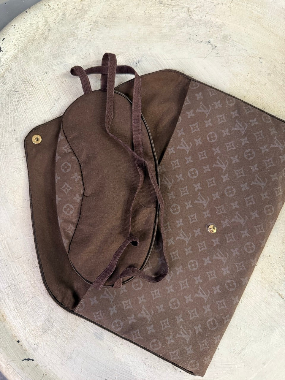 BERLIN VINTAGE CORNER chocolate brown monogrammed sleep mask and pouch set. Soft fabric, contoured mask, gold snap closure.