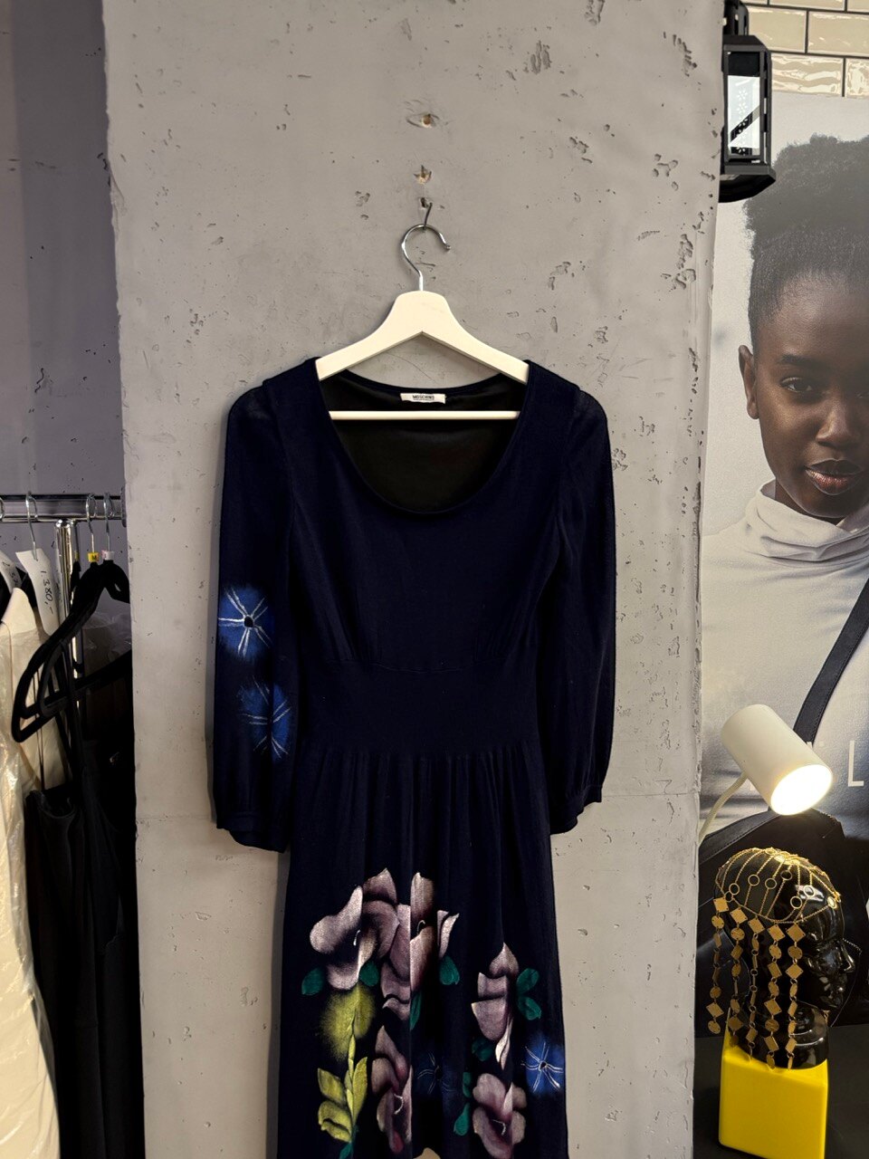 Moschino navy dress, painterly blossom print on the skirt