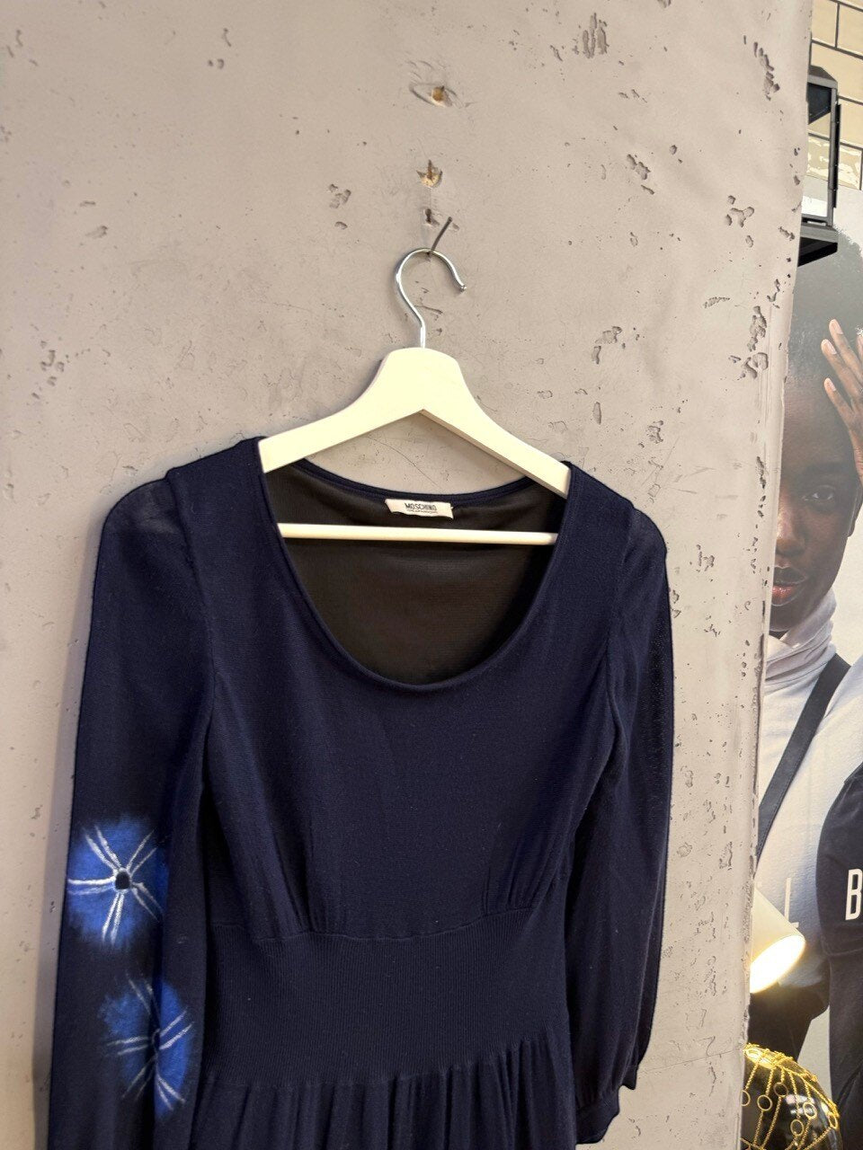 Moschino navy dress, scoop neckline and bodice