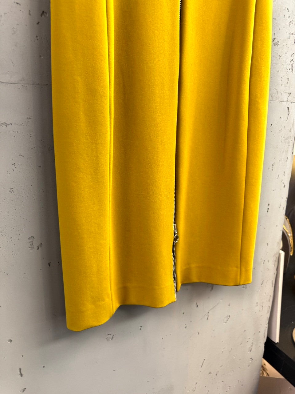BERLIN VINTAGE CORNER mustard yellow midi sheath dress with silver zipper detail