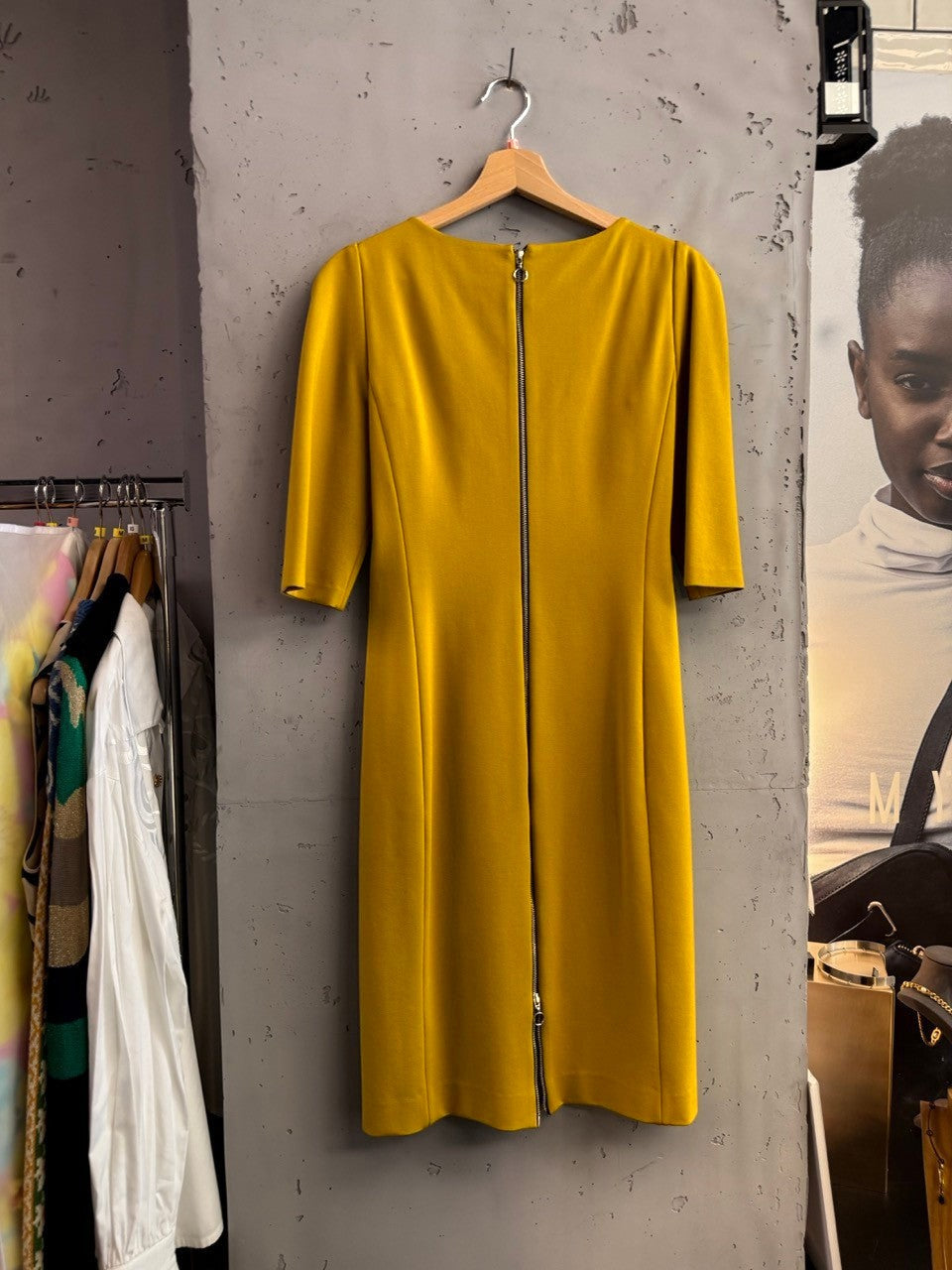 BERLIN VINTAGE CORNER mustard yellow midi sheath dress with elbow-length sleeves and silver-tone zipper detail.