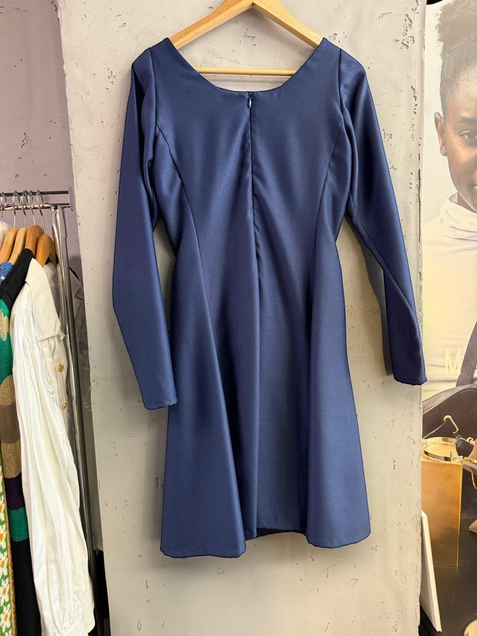 BERLIN VINTAGE CORNER navy blue long sleeve A-line dress with subtle sheen and back zipper closure.