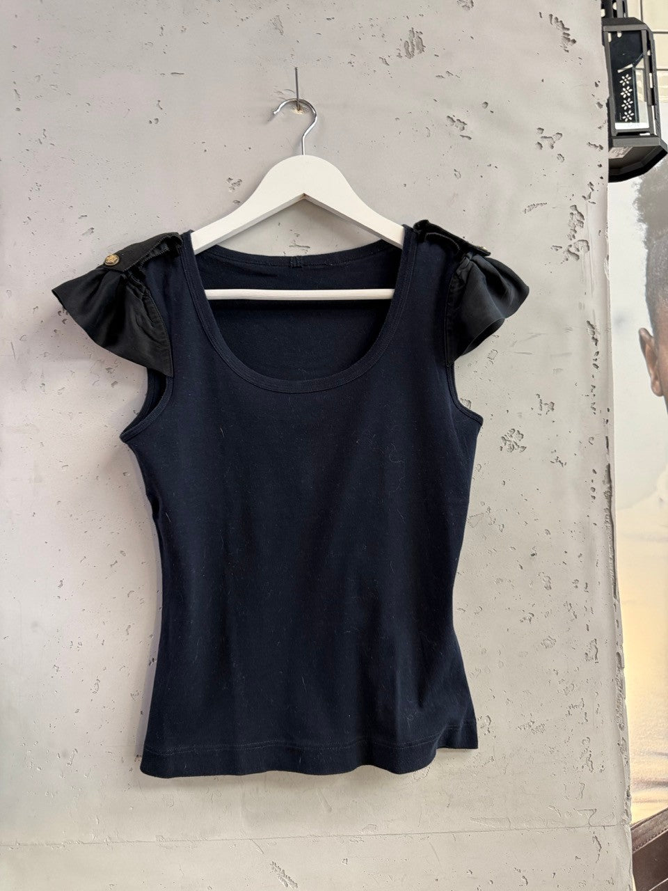 BERLIN VINTAGE CORNER navy blue cotton blend tank top with embellished cap sleeves and gold buttons.