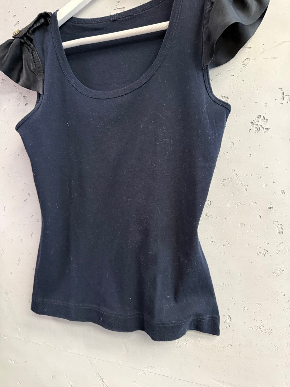 BERLIN VINTAGE CORNER navy blue cotton blend tank top with embellished cap sleeves and gold buttons.