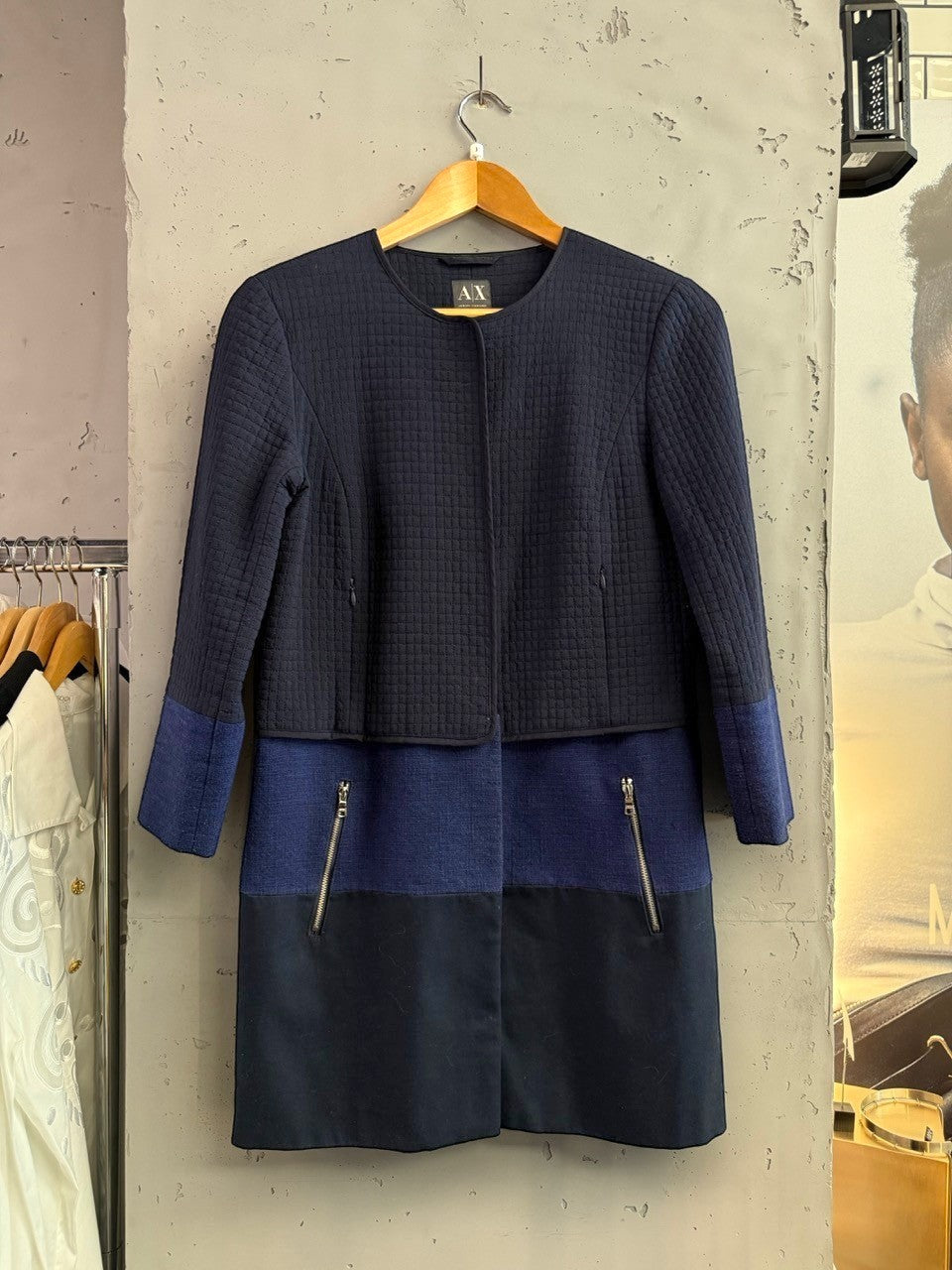 BERLIN VINTAGE CORNER navy quilted jacket with royal blue colorblock skirt and gold zipper details