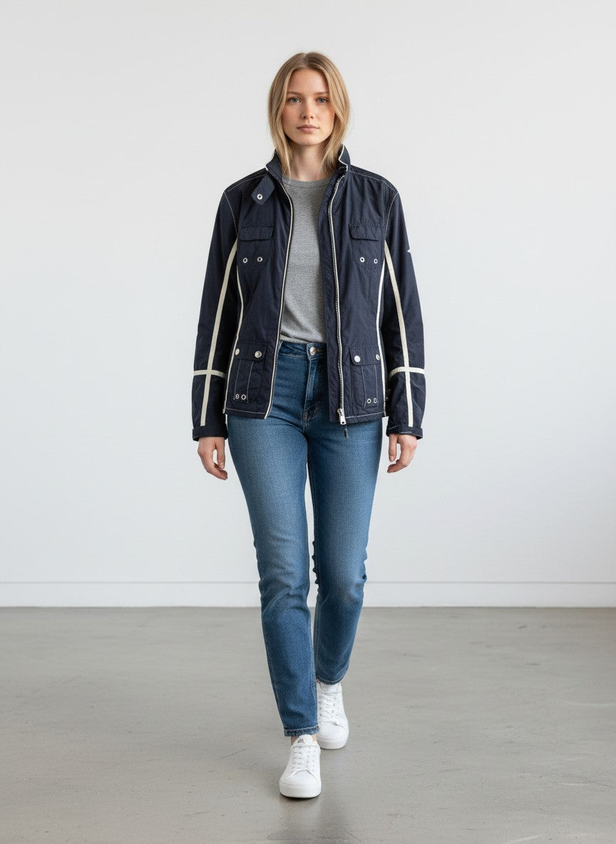 BERLIN VINTAGE CORNER navy blue lightweight racing jacket with cream piping, stand-up collar, and multiple pockets.