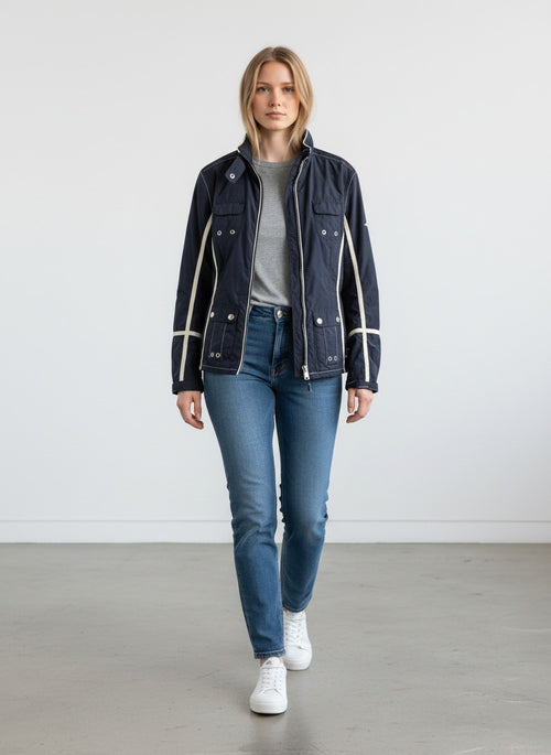 BERLIN VINTAGE CORNER navy blue lightweight racing jacket with cream piping, stand-up collar, and multiple pockets.