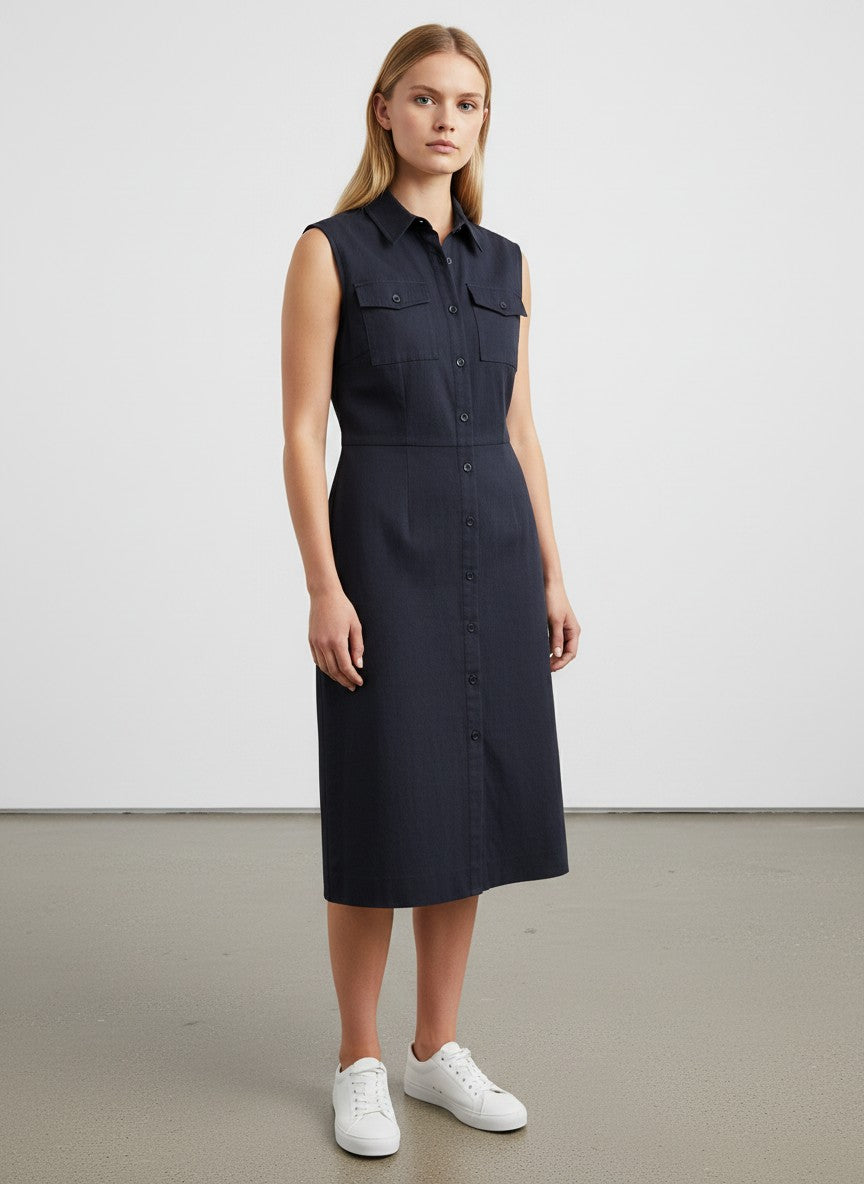 BERLIN VINTAGE CORNER navy blue sleeveless collared button-front dress with chest and side pockets, cotton blend.