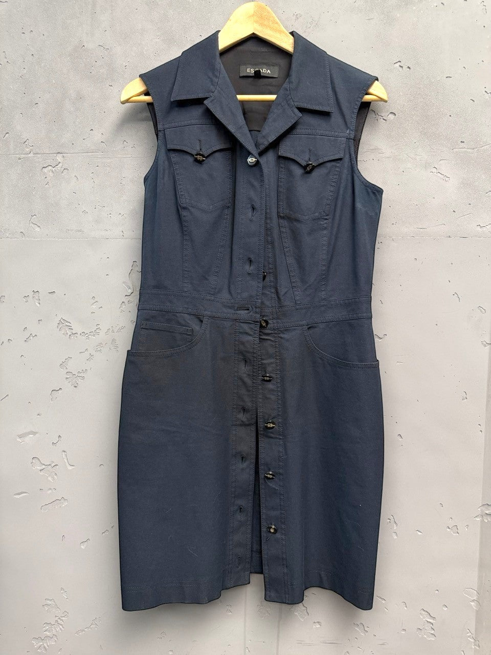 BERLIN VINTAGE CORNER navy blue cotton blend sleeveless collared button-front dress with chest and side pockets.