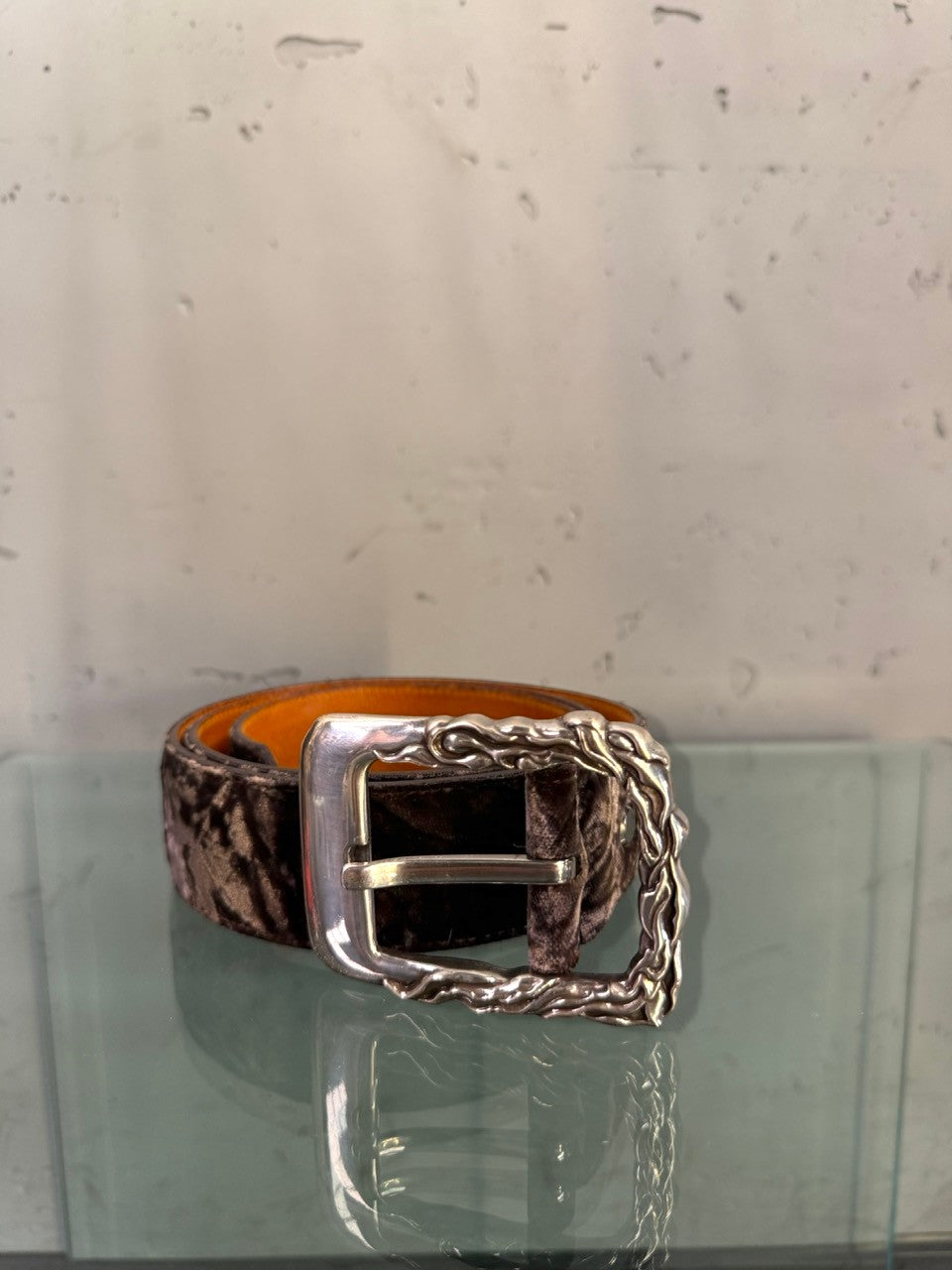 Off For Men velvet belt with ornate silver buckle, front view