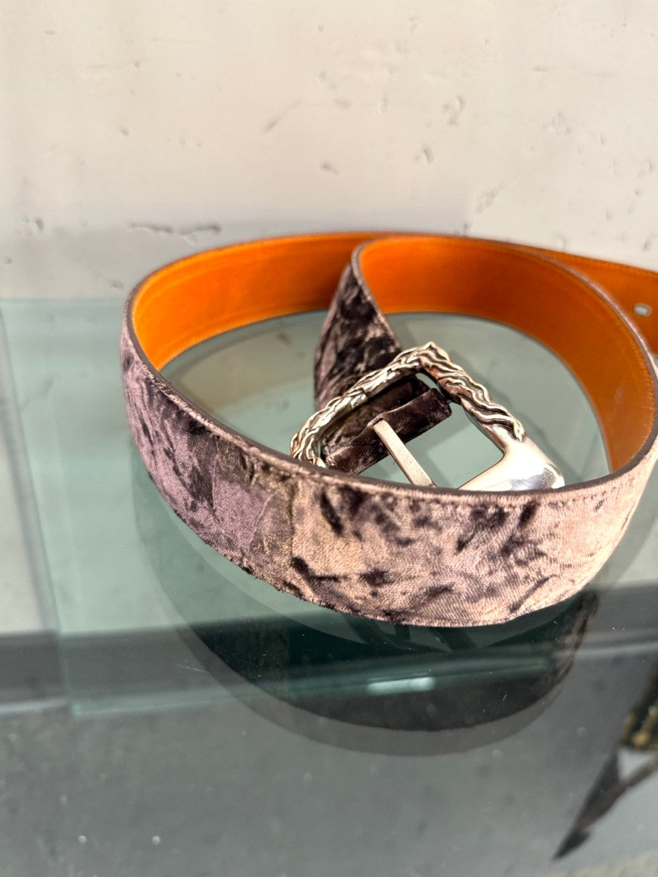 Off For Men velvet belt, velvet and orange leather