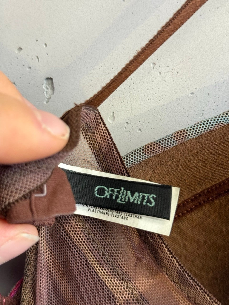 BERLIN VINTAGE CORNER Off-Limits sleeveless midi dress label showing brown semi-sheer mesh fabric and spaghetti straps