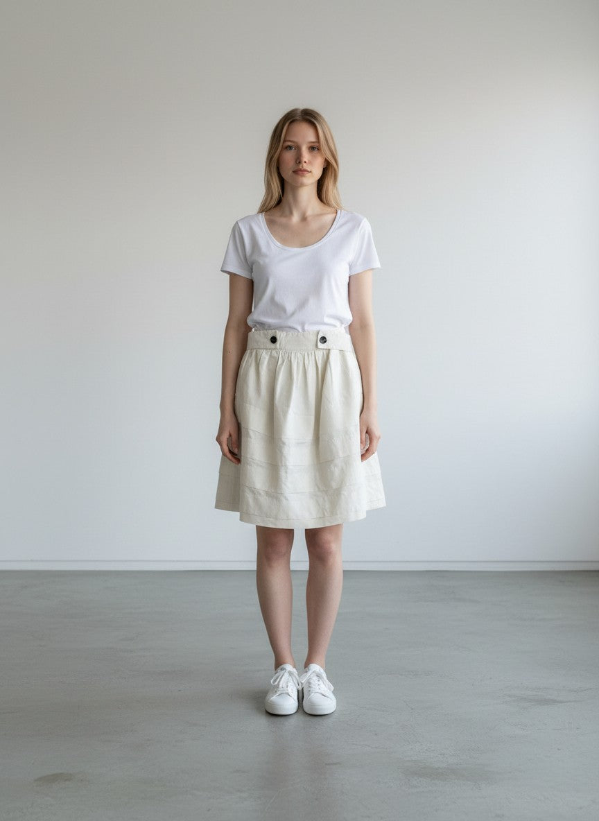 BERLIN VINTAGE CORNER off-white pleated skirt with quilted waistband and black button details. Made in France.