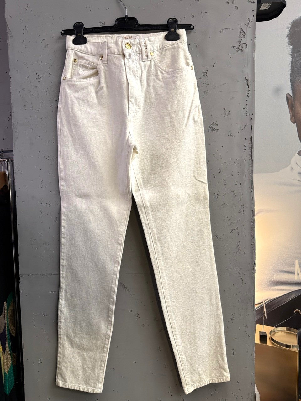 BERLIN VINTAGE CORNER off-white high-waisted straight-leg jeans with gold-tone hardware and MCM branding.