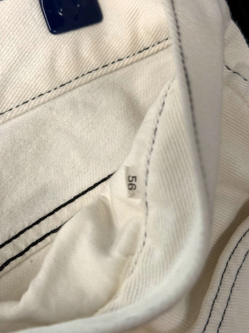 BERLIN VINTAGE CORNER off-white cotton wide leg jeans with black stitching and size tag 56