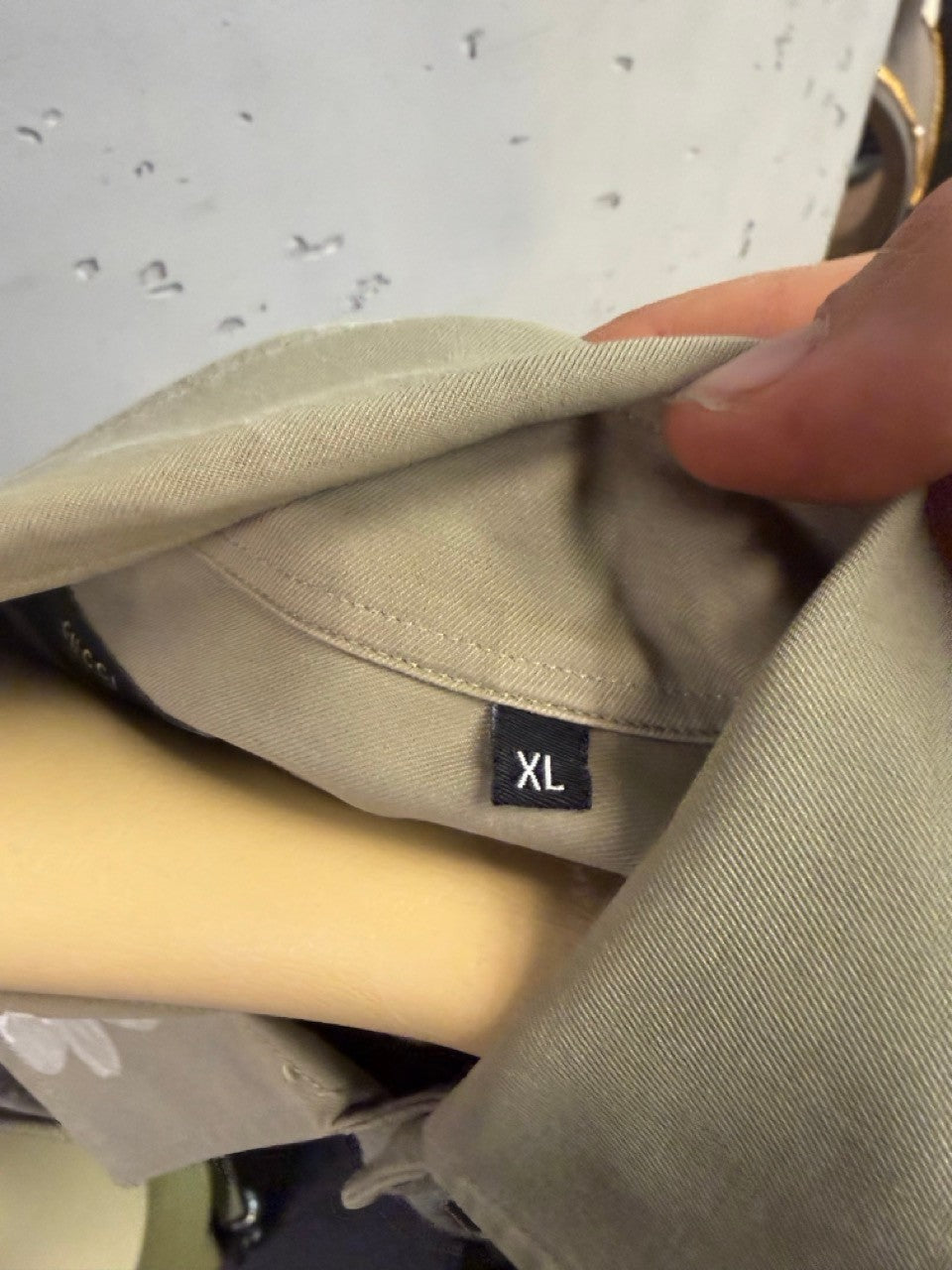 BERLIN VINTAGE CORNER olive green military style overshirt with floral print on back and sleeves, size XL.