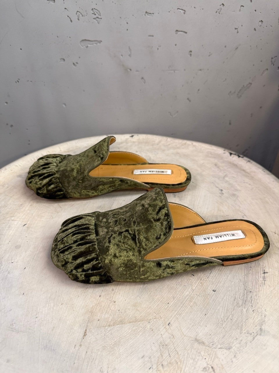 BERLIN VINTAGE CORNER olive green crushed velvet ruched mule flats with pointed toe.