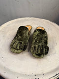 BERLIN VINTAGE CORNER olive green velvet ruched mule flats with pointed toe and ruffle detail.