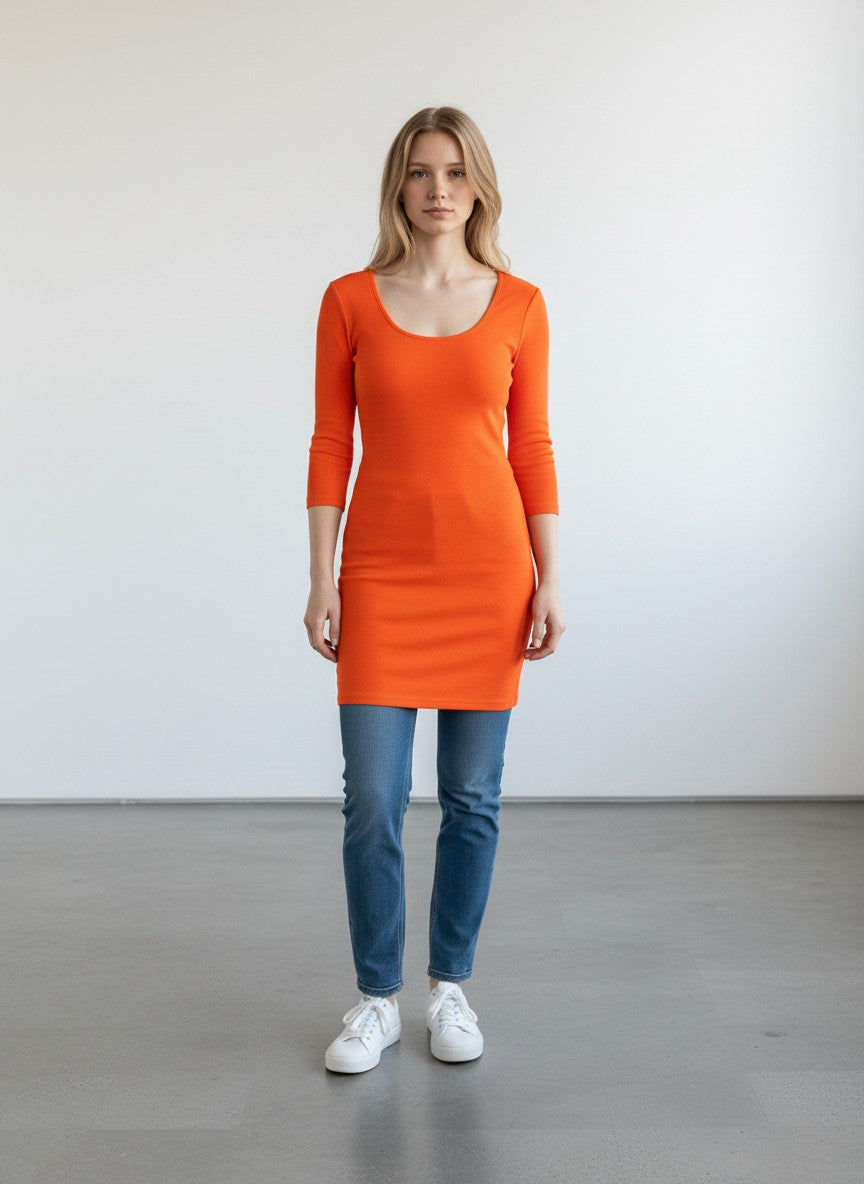 BERLIN VINTAGE CORNER vibrant orange stretchy fabric three-quarter sleeve top with a flattering silhouette and subtle side seam detail.