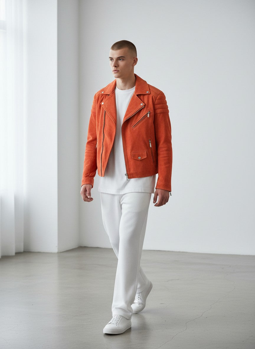 BERLIN VINTAGE CORNER orange suede moto jacket with quilted detailing and zip front.