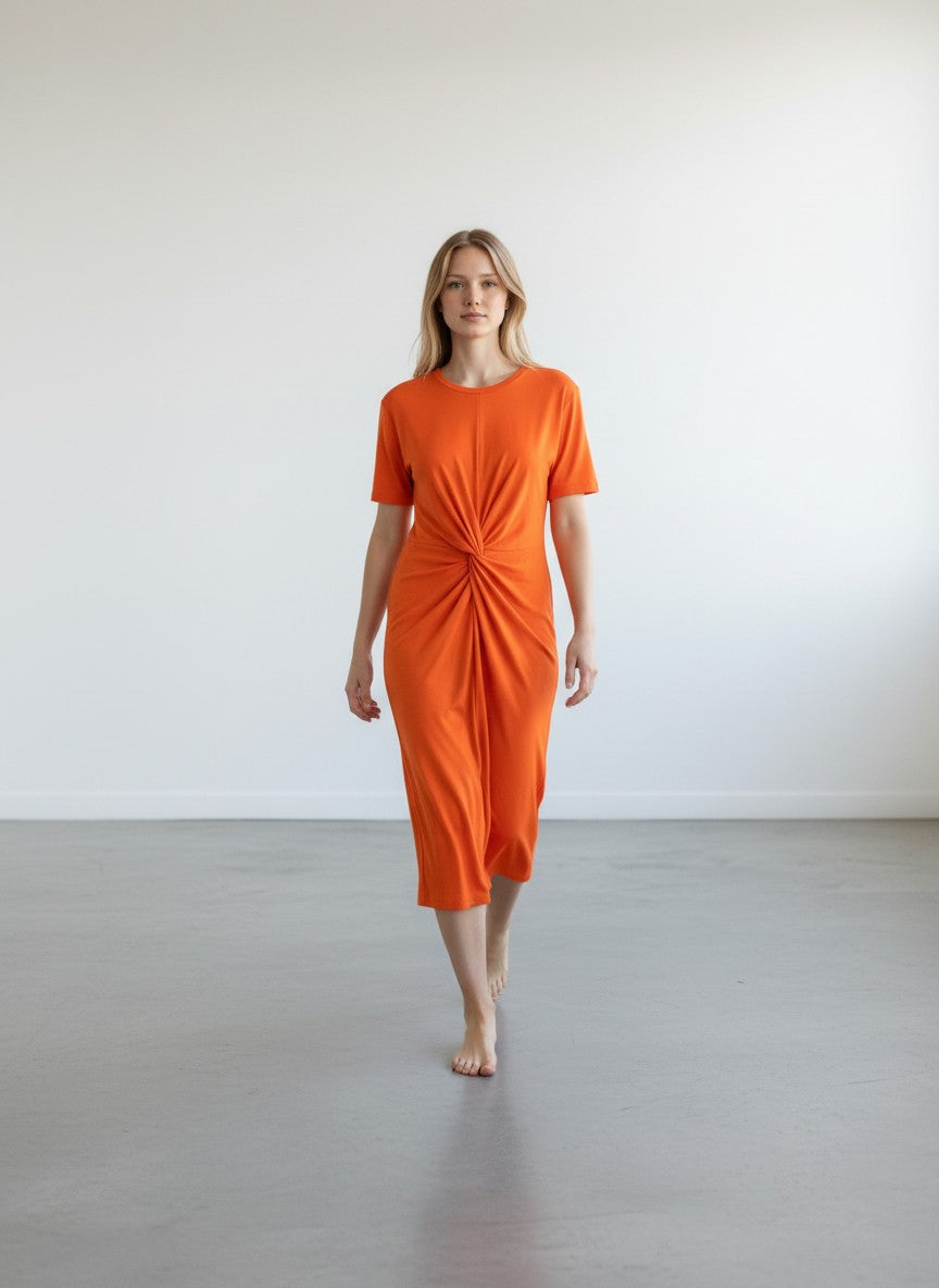 BERLIN VINTAGE CORNER orange twisted jersey midi dress with short sleeves and crew neck, ruched waist detail.