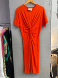 BERLIN VINTAGE CORNER orange cotton blend midi t-shirt dress with twisted knot waist and short sleeves.