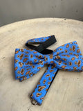 BERLIN VINTAGE CORNER sky blue bow tie with brown and orange paisley pattern, adjustable strap.