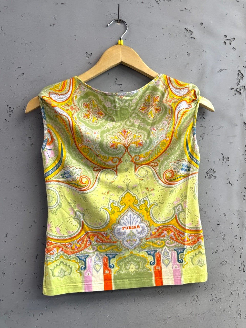 BERLIN VINTAGE CORNER sleeveless top with lime green, yellow, orange, and pink paisley print. Soft fabric.