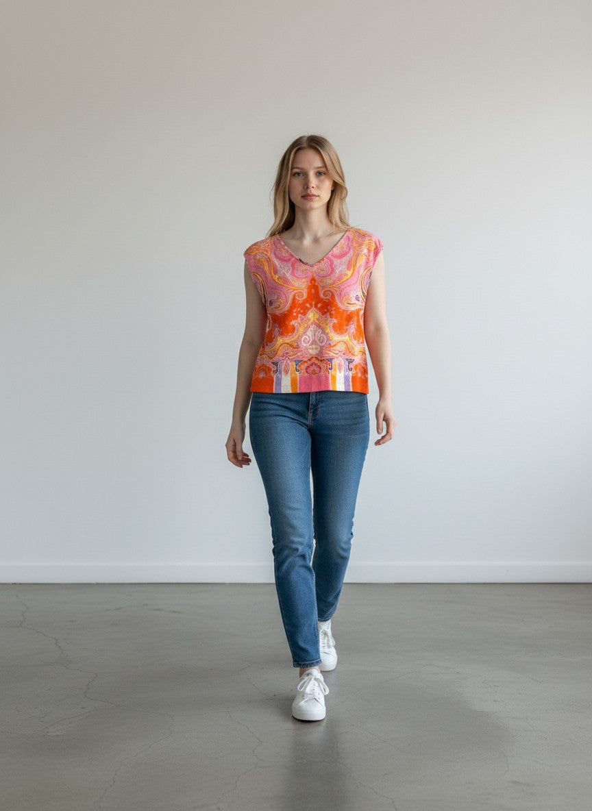 BERLIN VINTAGE CORNER cap sleeve top with vibrant orange, pink, yellow, and lavender paisley print. Features a V-neck and integrated ETRO logo.