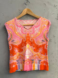 BERLIN VINTAGE CORNER Etro paisley print cap sleeve top in orange, pink, yellow, and lavender. V-neck, short sleeves.