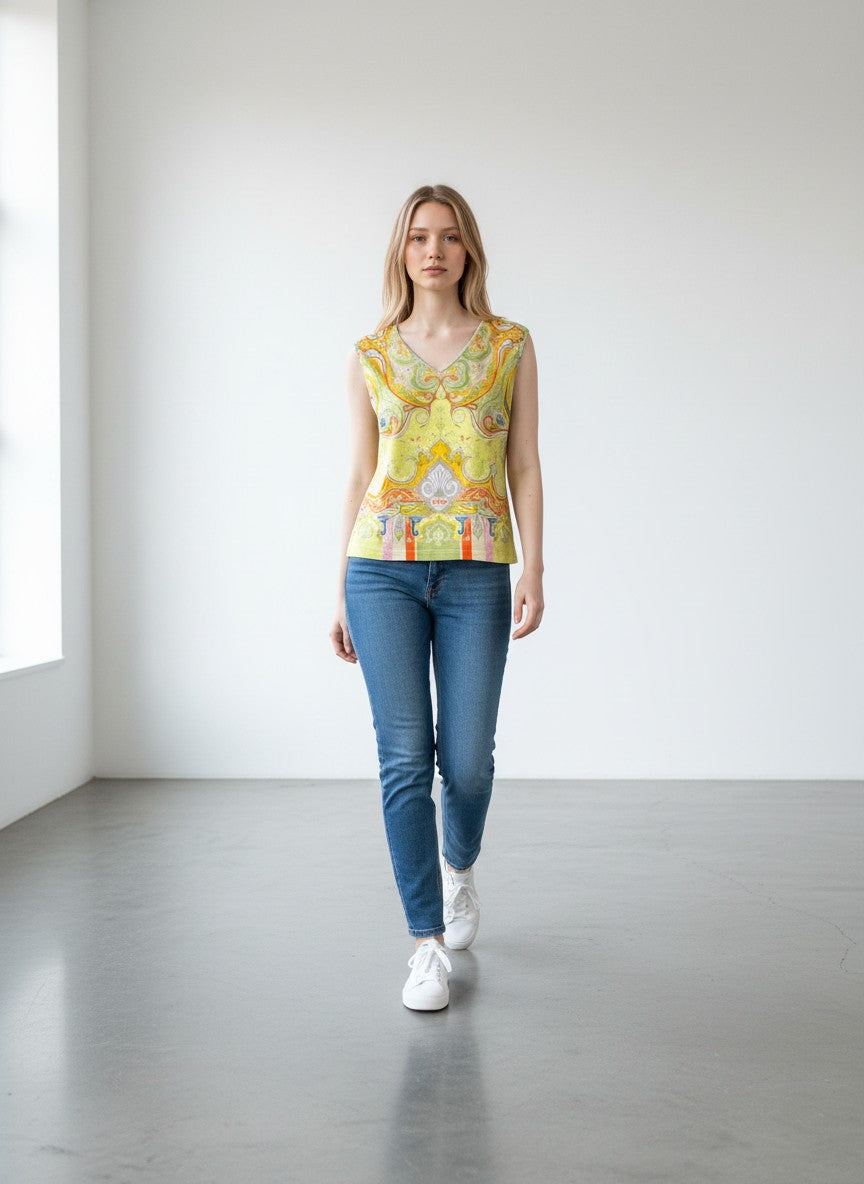 BERLIN VINTAGE CORNER sleeveless top with vibrant lime green, yellow, orange, and pink paisley print. V-neck, soft fabric.