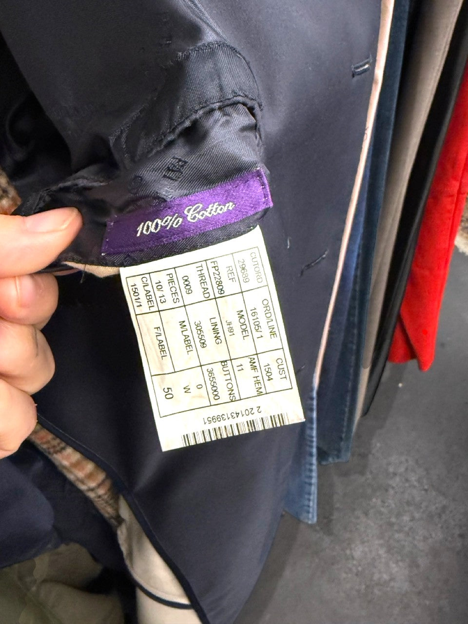 Patrick Hellmann coat, 100 percent cotton care label