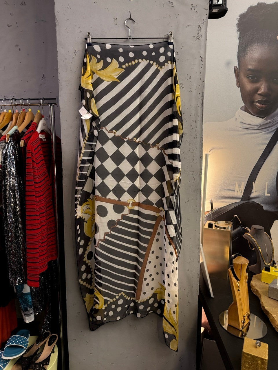 BERLIN VINTAGE CORNER lightweight scarf with black and white stripes, polka dots, checkerboard, and gold baroque print.