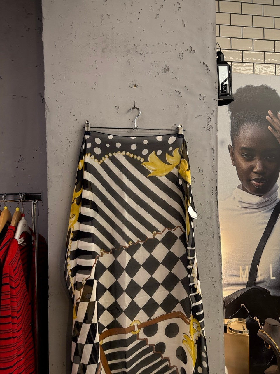 BERLIN VINTAGE CORNER lightweight scarf with black and white stripes, polka dots, checkerboard, and gold baroque print.