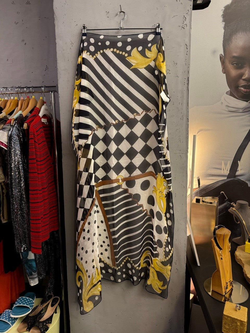 BERLIN VINTAGE CORNER lightweight scarf with black and white stripes, polka dots, checkerboard, and gold baroque print.