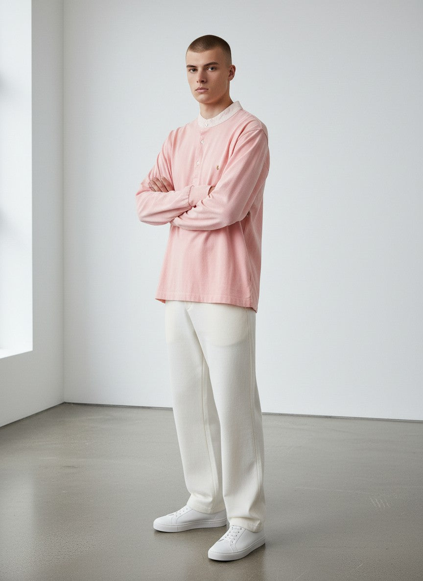 BERLIN VINTAGE CORNER soft pink cotton long sleeve henley shirt with mandarin collar and embroidered logo.