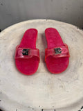 BERLIN VINTAGE CORNER pink jelly slide sandals with clear straps and silver-tone buckle featuring Escada Sport logo.